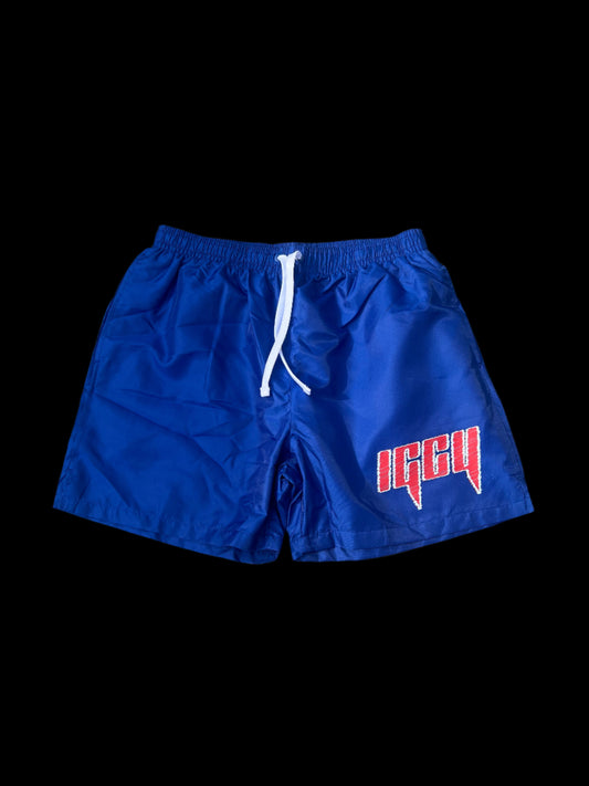 Blue & Red Nylon IGCY Scratch Logo Shorts